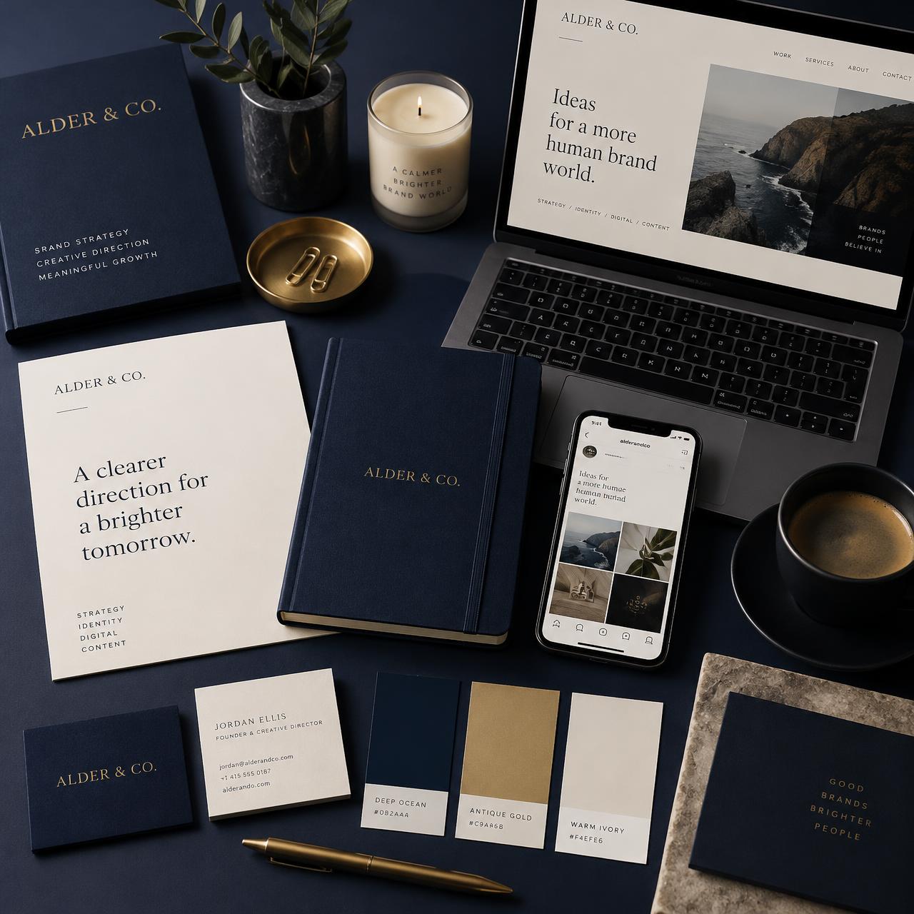 Brand identity stationery, laptop and phone showing a cohesive navy and gold brand